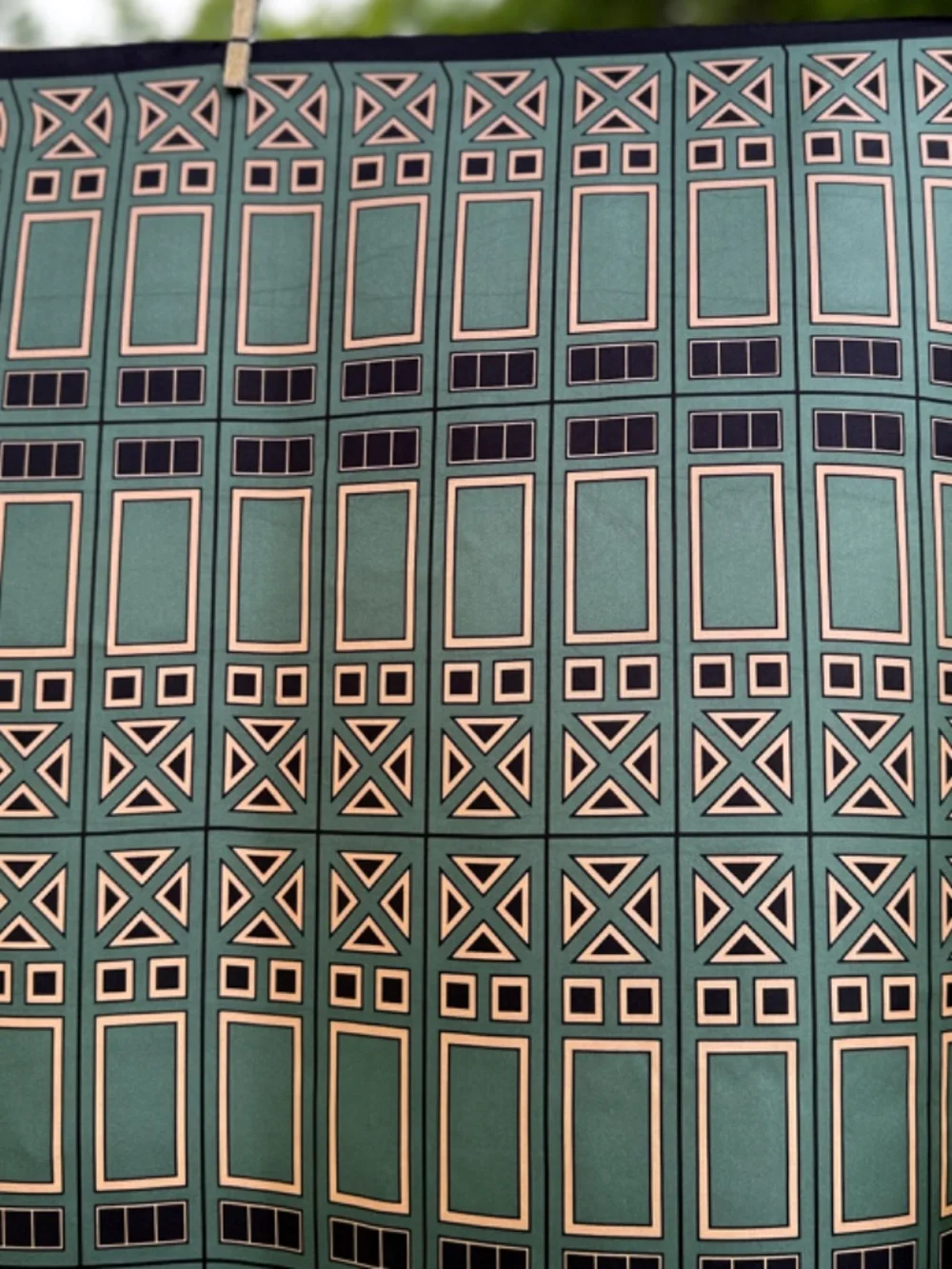 Vintage Silk Scarf 32 in Square Geometric Sage Green Beige Black Korea Excellent